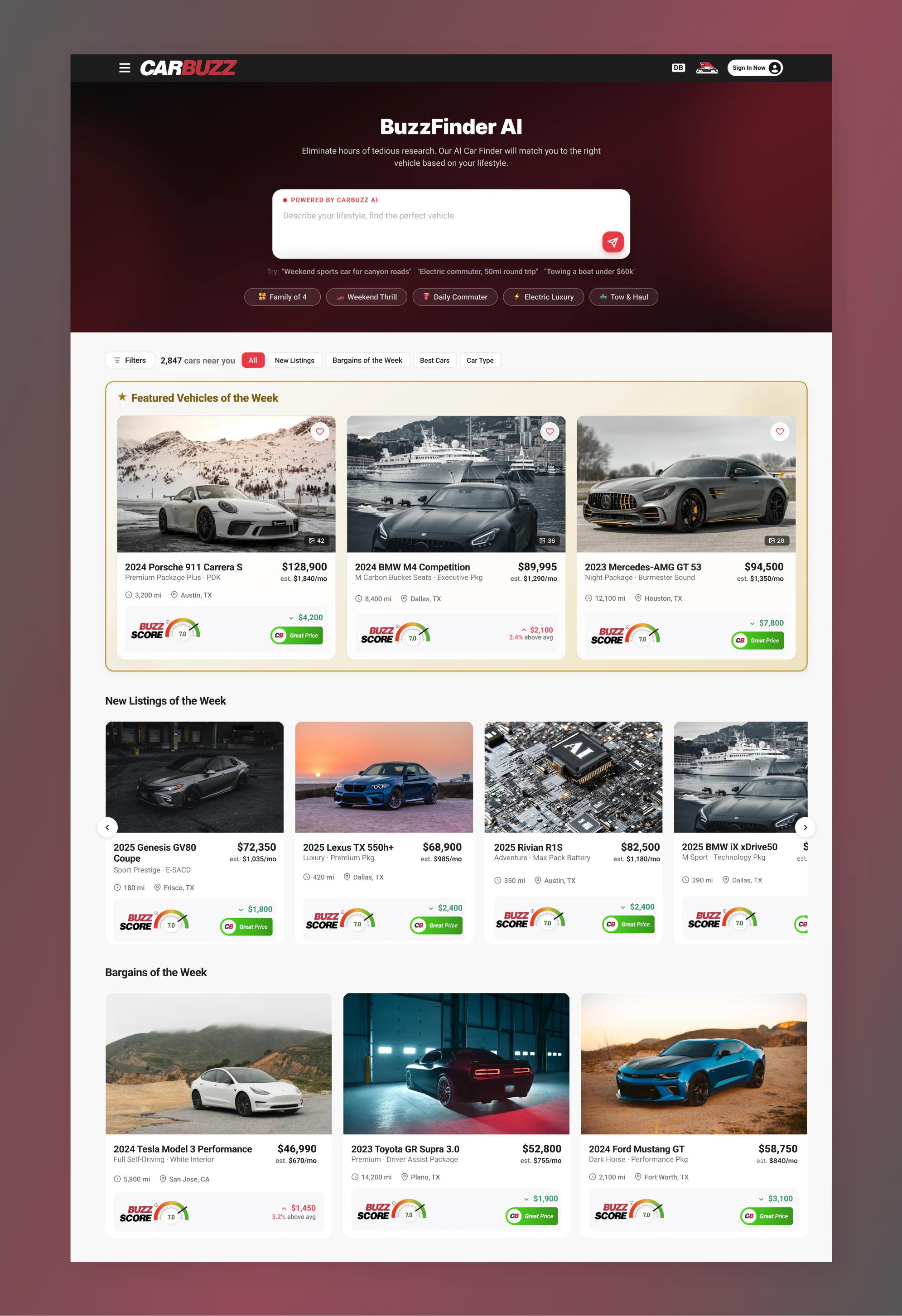 Carbuzz Marketplace homepage with BuzzFinder AI search
