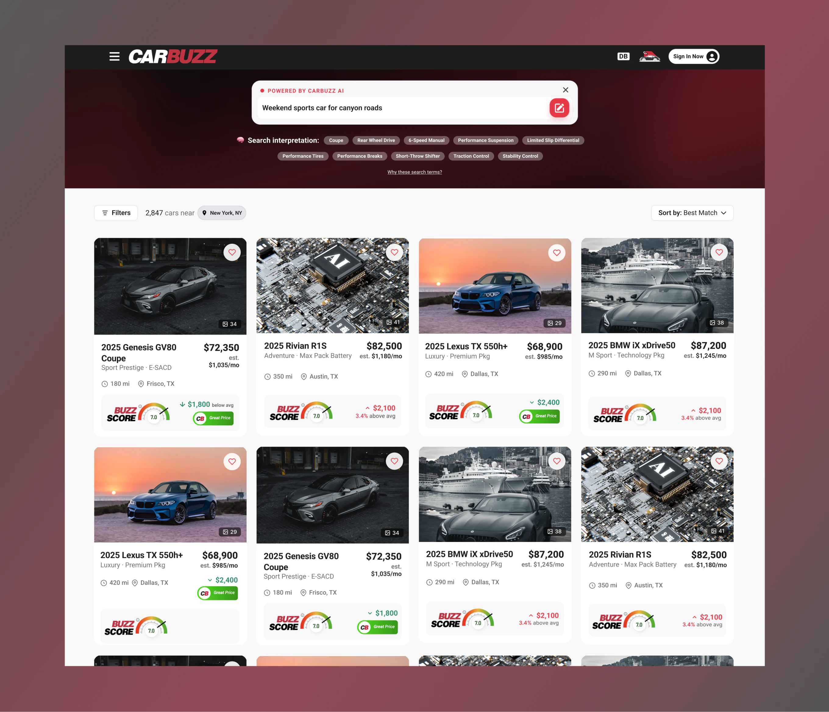Carbuzz Marketplace search results with deal meters on listing cards